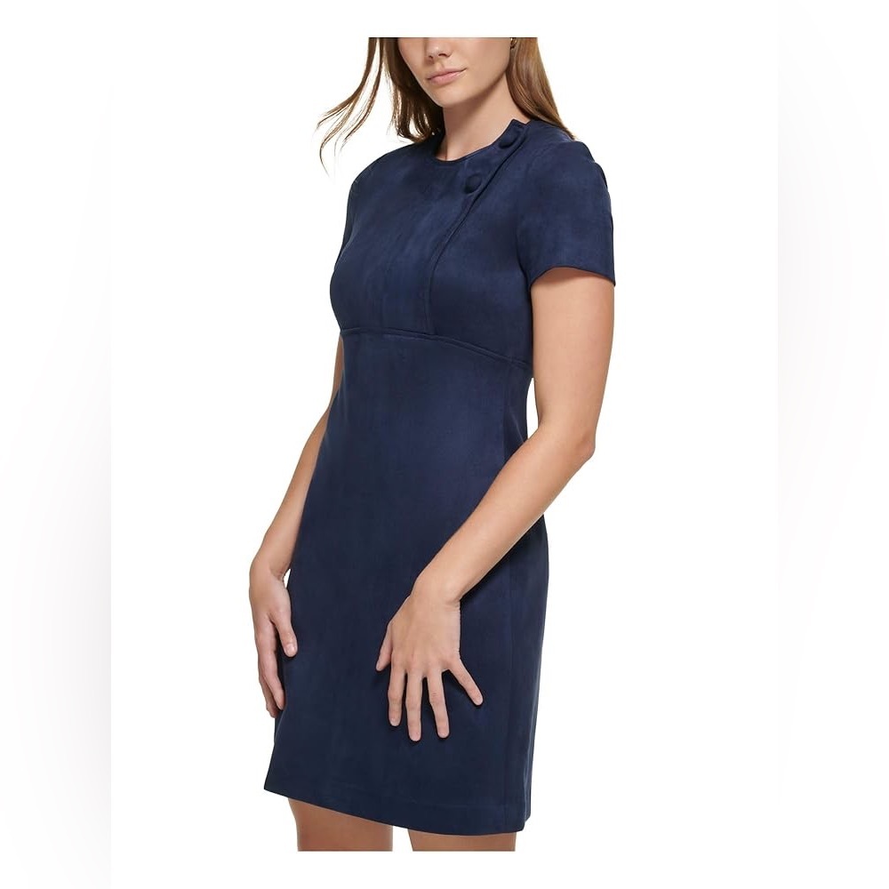 Calvin Klein Women's Navy Faux-Suede Tulip Dress Size 8 Short Sleeve